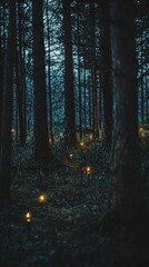 Fototapeta premium Enchanting forest scene illuminated by soft glowing lights, creating a mystical atmosphere amidst dark, towering trees.