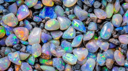 Collection of colorful opals and natural rough stones creating a vibrant geological texture against a dark contrast background