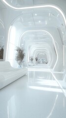 Futuristic and minimalist interior with smooth lines, bright lighting, and sleek furniture creating an airy atmosphere.