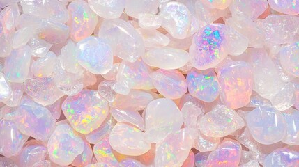 Glossy polished opal stones with rainbow reflections creating a vibrant multicolored effect against a light background