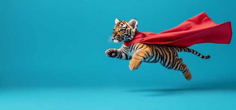 Young tiger cub flying with red superhero cape on blue background, powerful and cute animal in action pose