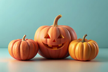 cheerful Halloween scene featuring three pumpkins, including carved jack o lantern with friendly...