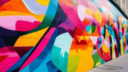 Fototapeta premium The image depicts a vibrant and colorful street art mural, showcasing dynamic geometric shapes and vivid tones on a wall.