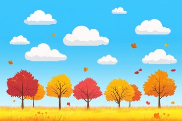 Fototapeta premium Stunning autumn forest landscape. Stunning autumn trees, colorful leaves on the grass, and a blue sky with clouds.