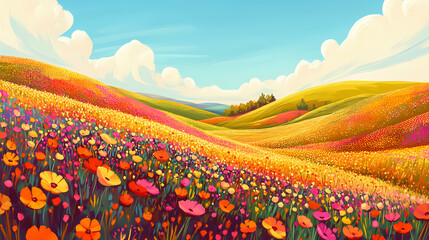 Flowering meadows, dancing in the wind, colorful petals bring life to the rolling hills. Rolling Meadows. Illustration