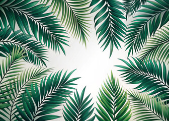 Lush green palm leaves create vibrant frame against light background, evoking tropical and refreshing atmosphere. Perfect for nature themed designs