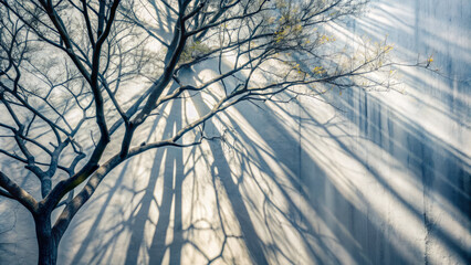 Obraz premium serene view of tree branches casting intricate shadows on textured white wall, creating beautiful interplay of light and shadow. scene evokes sense of calm and tranquility