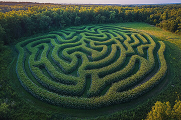 Naklejka premium A maze is shown in a field of green grass