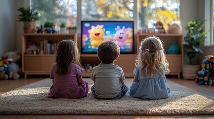 Three young children sitting on living room floor watching television