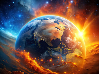 Fototapeta premium stunning view of Earth illuminated by vibrant sunrise, showcasing planets continents and swirling clouds against backdrop of cosmic colors. scene evokes sense of wonder and beauty