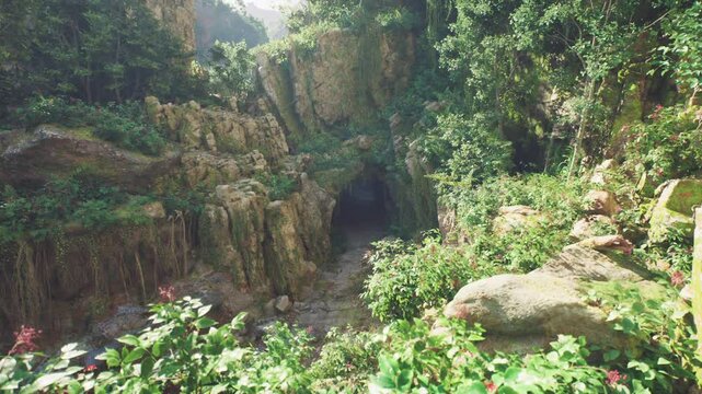 Thick greenery envelops the rugged landscape, revealing caves surrounded by ancient rocks, vines, and tropical plants. Sunlight filters through the trees, enhancing the vibrant colors.