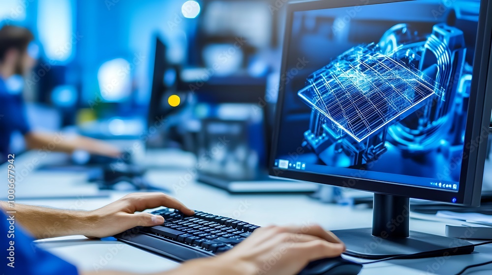 Poster Engineer Designing 3D Solar Panel Model on Computer
