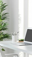 Minimalist workspace with laptop, plant, and stationery. Perfect for productivity, focus, and modern office aesthetics.