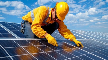 Worker installs solar panel on rooftop