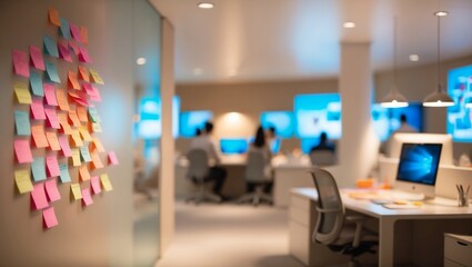 An abstract representation of a modern office filled with colorful post-it notes and computer screens