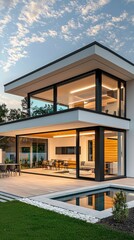 Fototapeta premium Modern architecture showcasing a stylish house with glass walls, swimming pool, and beautiful outdoor space under a clear sky.
