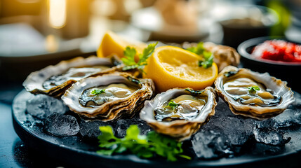 Oysters on a restaurant platter, showcasing the fresh seafood on a bed of ice.
