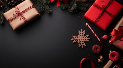 A flat-lay arrangement showcases various holiday crafting tools like felt sheets, glitter, and ribbon on a matte black surface. An unfinished snowflake sits in the center, inviting creativity