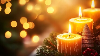 Warm and Cozy Christmas Candles Surrounded by Twinkling Lights on a Festive Background