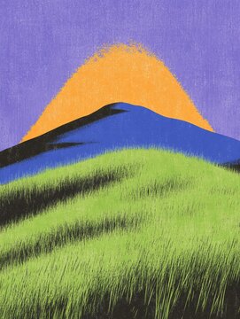A vivid landscape showcasing lush green hills beneath an intense orange sun set against a purple sky background.
