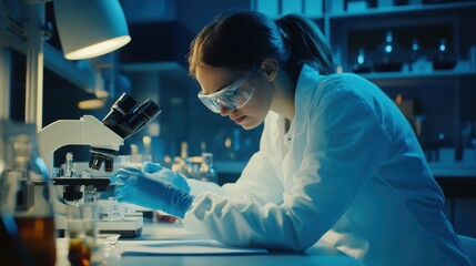Young female scientist using microscope in a modern laboratory setting