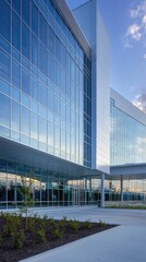 Modern glass building with sleek architecture and landscaped outdoor area, perfect for corporate or business imagery.