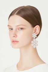 Naklejka premium Elegant Portrait of a Woman with Flower Earrings and Glossy Lips