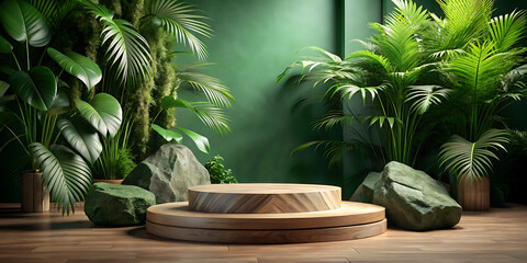 Fototapeta premium Podium background product forest green display platform wood stone 3d garden rock