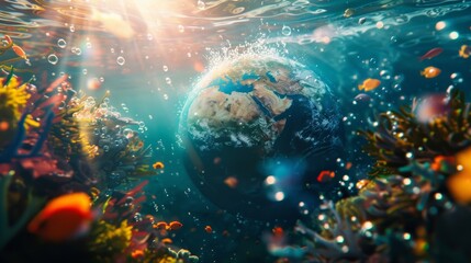Fototapeta premium An enchanting underwater world with the Earth surrounded by colorful coral and vibrant fish beneath the shimmering sunlight.