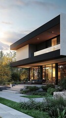 Obraz premium Modern house exterior with elegant design, surrounded by vibrant greenery and soft evening light, showcasing contemporary architecture.
