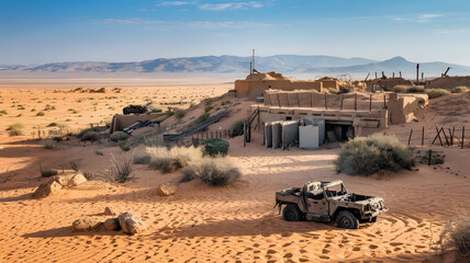 A panoramic desert landscape with military fortifications, symbolizing the strategic and geographical importance of the region during the war. (indicates October War Anniversary).

