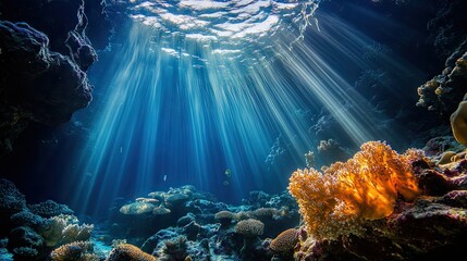 Obraz premium Coral formations in an underwater canyon, with rays of sunlight filtering through the surface and creating a stunning, ethereal underwater glow.