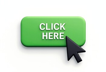 3d green rectangular button with 'CLICK HERE' white text and black arrow pointer isolated on white background