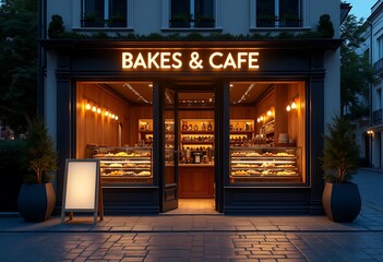 Bakery with shop name signage "BAKES & CAFE" and blank menu board mockup standing in front of shop at night scene, food and dessert concept