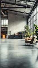Modern industrial interior featuring large windows, minimalist design, and greenery, perfect for creative and professional settings.