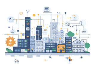 Flat Vector Illustration of AI-Driven Circular Economy System: Close-Up of AI Processor Managing Material Flow Transformation from Linear to Circular Model