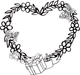 A heart-shaped wreath of flowers encircles a gift box with a bow, accompanied by a long ribbon and butterfly, hand-drawn  line art illustration