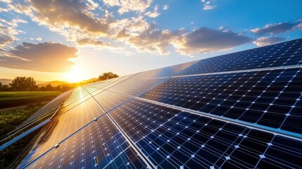 Solar panels under a vibrant sunset sky
