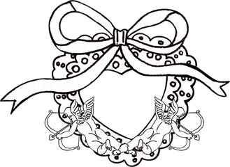 Lace fabric shaped like a heart with a bow, and Cupid flying while shooting a bow, hand-drawn line art  illustration