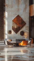Modern interior showcasing stylish furniture and artistic decor in a spacious lobby with natural light casting shadows.