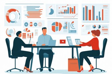 A flat illustration of a financial review meeting with advisors and clients