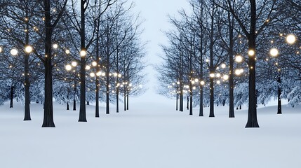 Fototapeta premium Enchanting Winter Pathway Illuminated by Warm Lights Nestled Among Snowy Trees