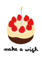 make a wish cute cartoonish minimalist strawberry chocolate birthday cake with a candle birthday greeting card happy birthday party family celebration wishes presents BFF transparent background	