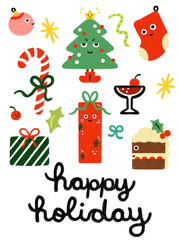super cute Christmas icons hand-drawn adorable characters trendy simple illustration Christmas decoration celebration ornaments candy cane stars transparent background Happy Holiday