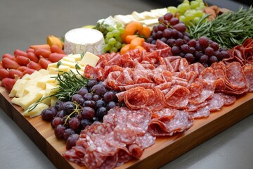 Delicious charcuterie board with cheese, grapes, and cured meats arrangement