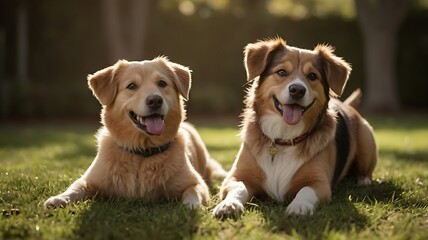 Two dogs lying on the green grass at garden on sunshine day, pet animal character concept