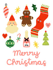 super cute Christmas icons hand-drawn adorable characters trendy simple illustration Christmas decoration celebration ornaments candy cane stars transparent background Merry Christmas