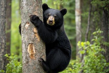 Majestic black bear climbing a tree in lush forest
