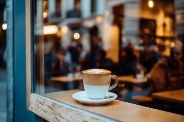 Fototapeta premium Cozy café ambiance with a latte on a window shelf in a bustling city street