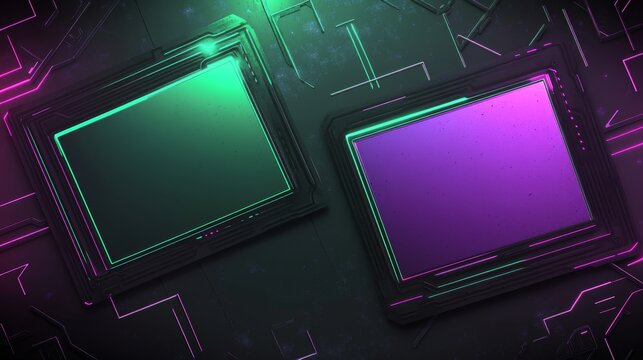 Futuristic neon digital panels in green and purple, inspired by cyber themes and high-tech digital aesthetics.